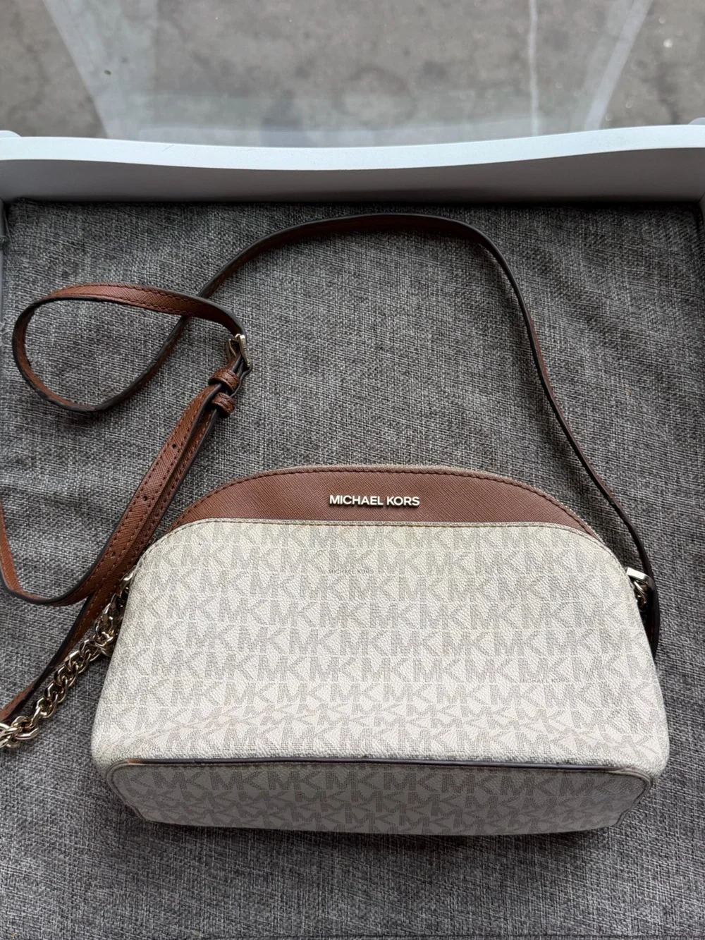 Michael Kors Beige MK Signature Crossbody with Brown Trim